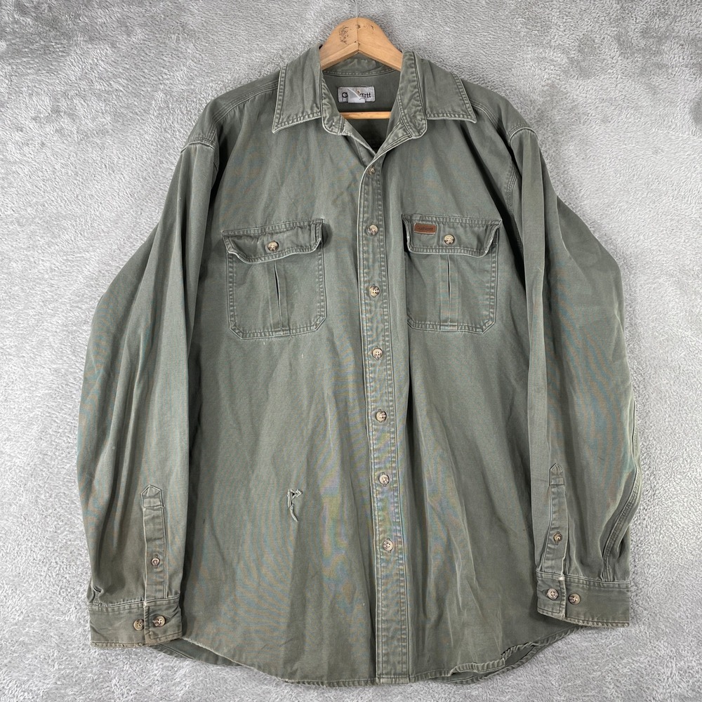 Carhartt Canvas Work Shirt Mens XL Tall Green Earth Tone Workwear S113MOS